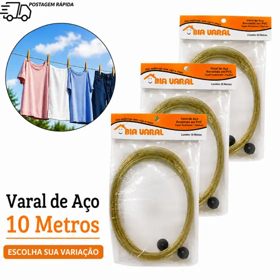 Kit 2/3/4/6/8/12 Varal de Fio De Aço Reforçado 10 Metros Cada Revestido em PVC para Roupas