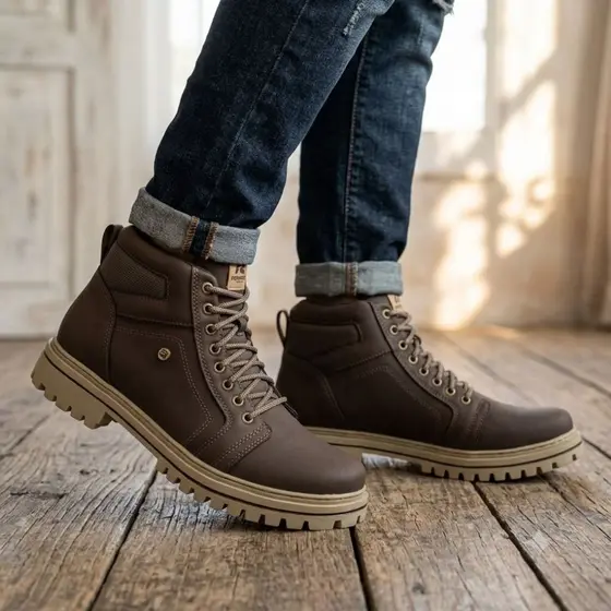 Bota Coturno Masculino Casual em Couro Solado Tratorado de Borracha Antiderrapante