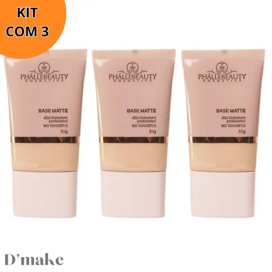 Base Matte Alta Cobertura Phallebeauty Longa duração e Resistente à água Kit com 3