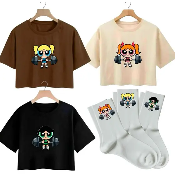 kit 3 Cropedd e 3 Meias Super Poderosas Blusinha Academia