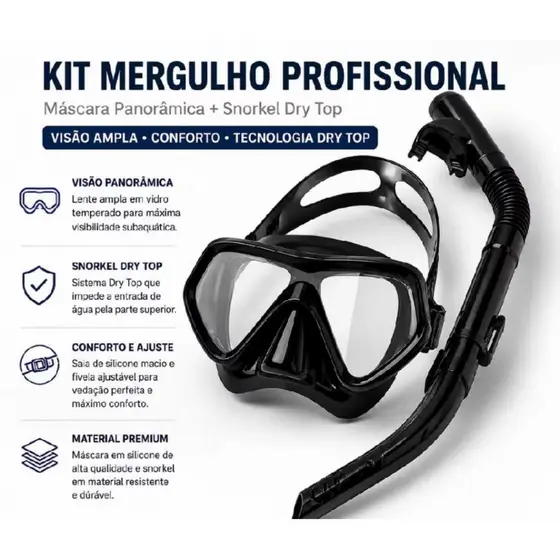 Kit Mergulho Máscara Respirador Snorkel Profissional Adulto Natação Silicone
