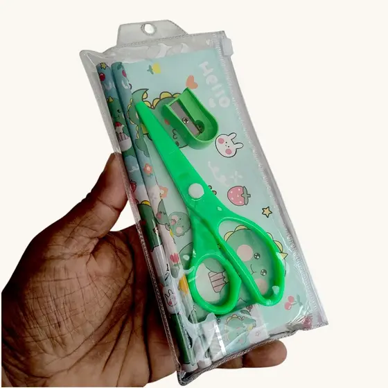 Kit Escolar Infantil Completo 5 Itens + Estojo Bag Zip Lock - Lápis, Tesoura, Borracha e Apontador
