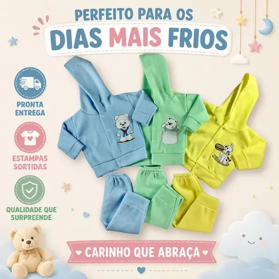 Conjunto De Bebe Com Capuz Soft Blusa + Mijão Estampado Inverno Roupa de Frio Infantil