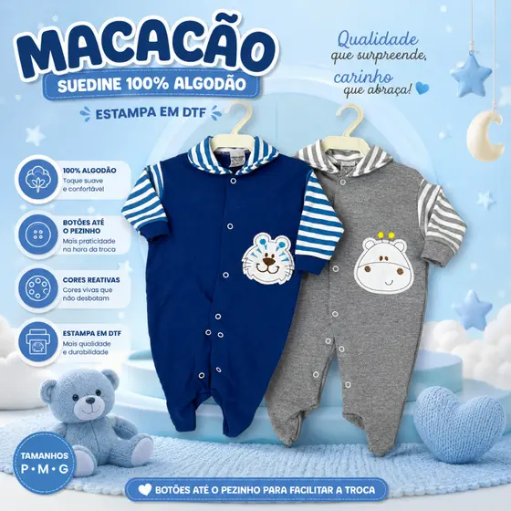 Macacão de Bebe Menino Suedine 100% Algodão Estampa DTF