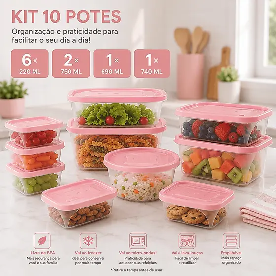 Kit 10 Potes de Mantimentos Plástico para Alimentos Organização Cozinha