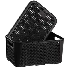 Kit Organizador com tampa preto rattan 8,8 litros plástico resistente multiuso organização casa