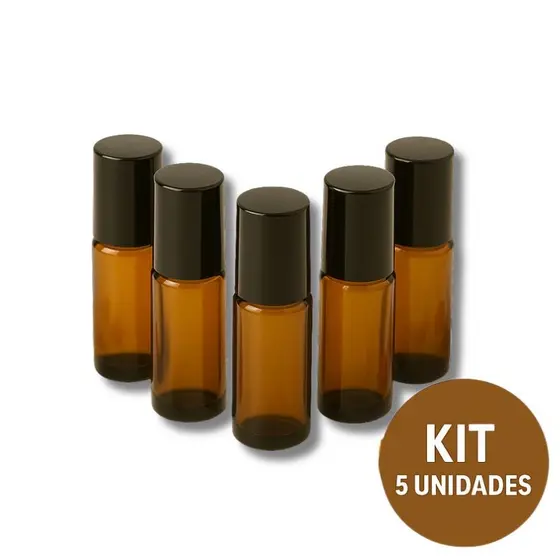 Kit 5 Frascos De Vidro Garrafinha Ambar Roll-on 5ml Com Tampa e Esfera em Inox