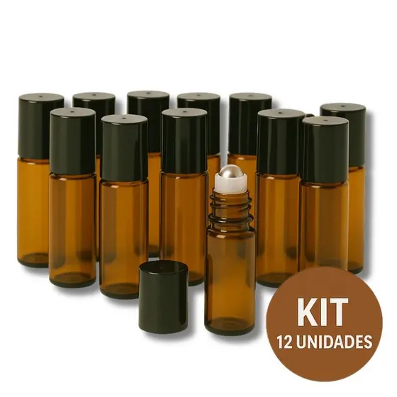 Kit 12 Frascos De Vidro Garrafinha Ambar Roll-on 5ml Com Tampa e Esfera em Inox