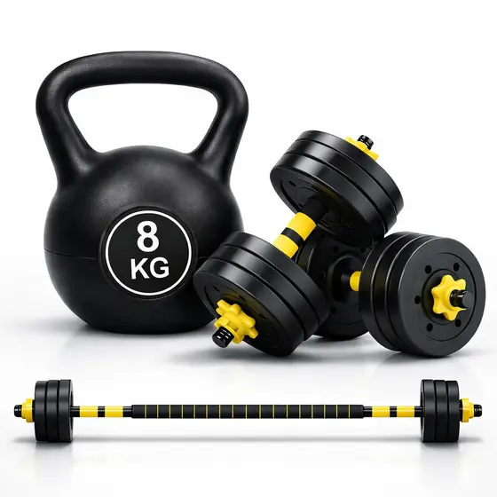 Kit Halteres Ajustáveis 3 Em 1 Até 20kg Barra Longa  Kettlebell 8kg + Curta Musculação Home Gym Ahead Sports