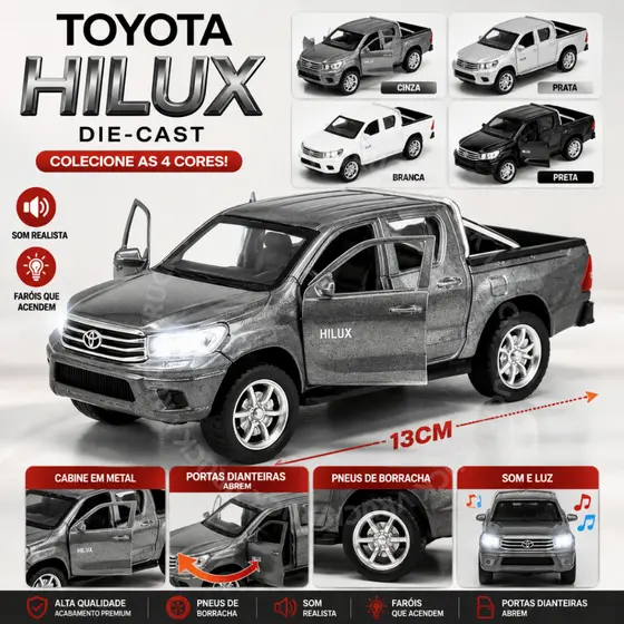 Toyota Hilux Miniatura com LUZ E SOM Colecionável Carro Ferro 1:32 Metal Brinquedo Coleção Adulto Infantil
