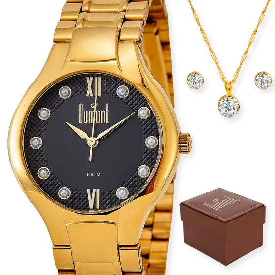 Relogio Dumont Feminino Dourado + Kit Du2035Lob/K4P