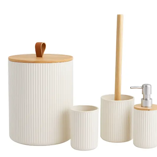 Kit Banheiro Bambu Luxo Conjunto Lavabo Lixeira Saboneteira de Banheiro e Escova Sanitária 4 peças