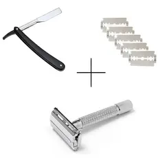 Kit Navalha Barbeiro Profissional + Aparelho de Barbear Retrô Clássico + 5 Lâminas Aço Inox