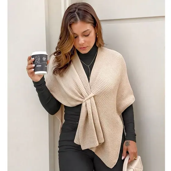 Capa Transpassada Poncho Xale Blusa Feminina Tricot Estilosa Elegante Outono Inverno