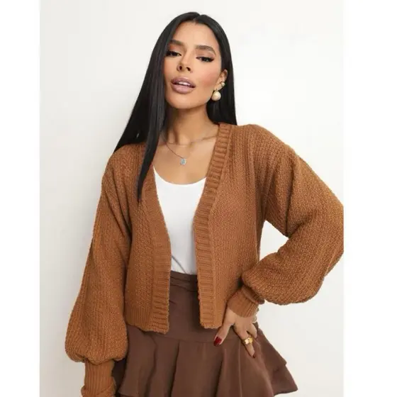 Casaco Cardigan Tricot Curto Liso Feminino  Moda feminina Aberto Outono Inverno Elegante Manga Bufante