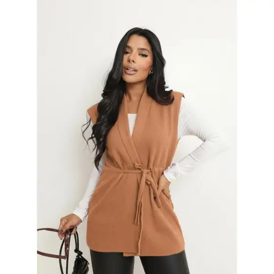 Blusa feminina Parka Acinturado Cardigan Cinto Colete Tricot aberto Alfaiataria Inverno Elegante