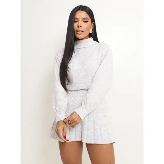 Conjunto fio mousse Saia plissada curta tricot canelada e blusa feminina elegante Gola Alta Outono Inverno Moda Feminina