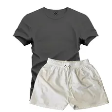 Conjunto Camiseta Lisa 100% Algodão 9 Cores + Short Linho Branco