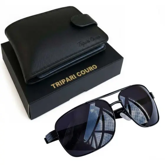Kit carteira masculina + óculos escuro Carteira couro legítimo óculos com proteção UV400