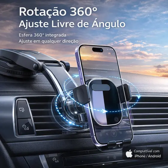Suporte Celular Carro Automático Trava Anti Queda Ajustável 360° Suporte Veicular Painel Saída de Ar