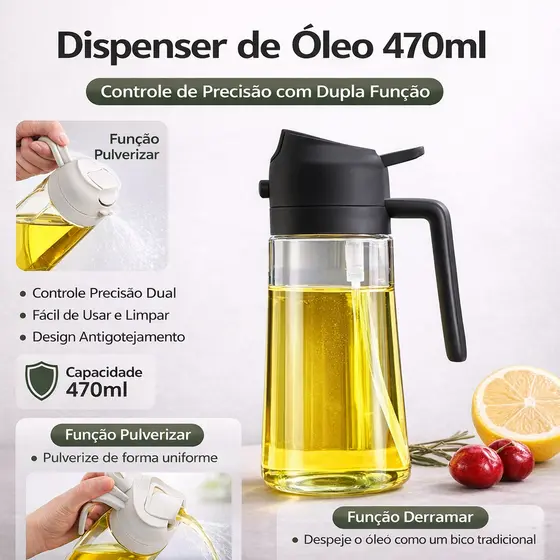 Borrifador de Azeite 2 em 1 Spray e Dosador 470ml | Galheteiro de Vidro Borossilicato Antigotejamento para Cozinha