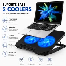 Suporte Base Refrigerada Notebook 2 Coolers Ventilação Silenciosa Ajustável USB Até 17” Gamer Home Office