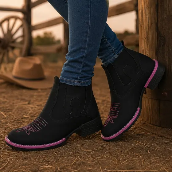 Botina Feminina  Bota Texana Country Couro Sintético Bico Quadrado