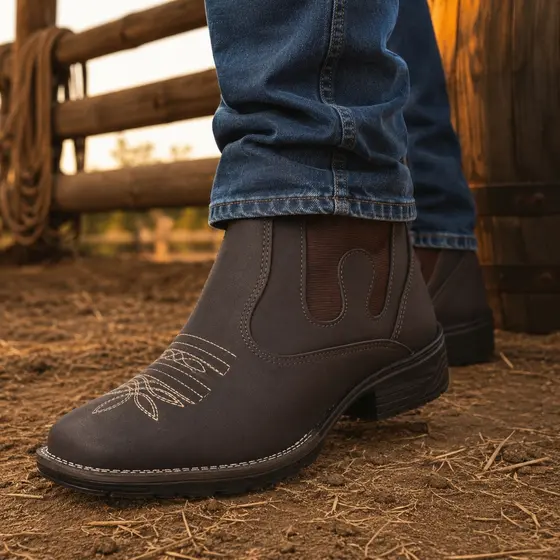 Botina Masculina Estilo Texana Bota Country Rodeio Calce Fácil - Bico Quadrado Bordado