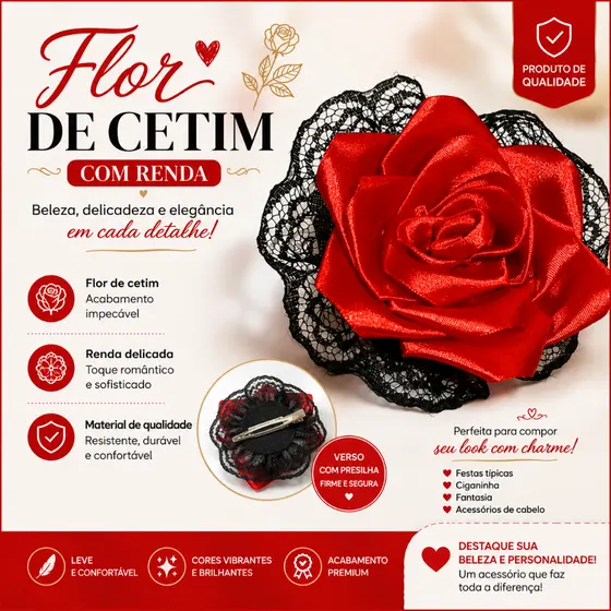 Presilha de Cabelo Rosa de Cetim  com Renda Pomba Gira / Cigana / Candomble / Umbanda