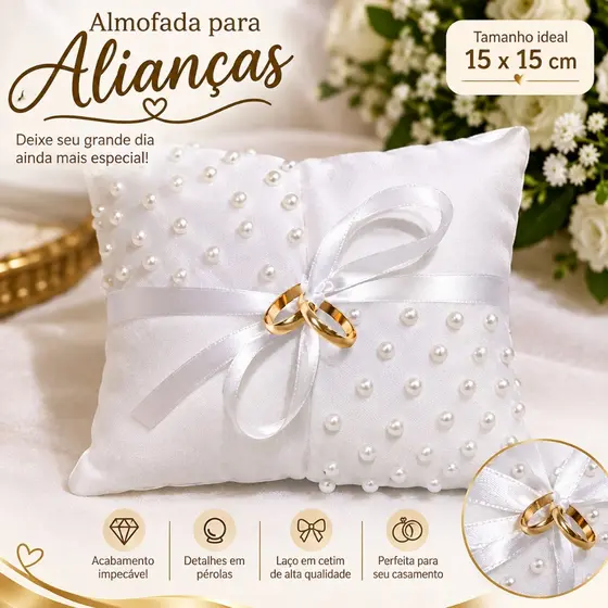 ALMOFADA PORTA ALIANÇAS DAMINHA 14X14CM COM PEROLAS E FITA Casamento Bodas