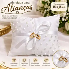 ALMOFADA PORTA ALIANÇAS DAMINHA 14X14CM COM PEROLAS E FITA Casamento Bodas