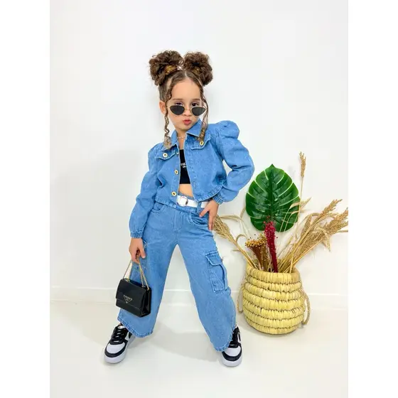 Conjunto 4 peças jaqueta manga princesa calça cargo top e cinto
