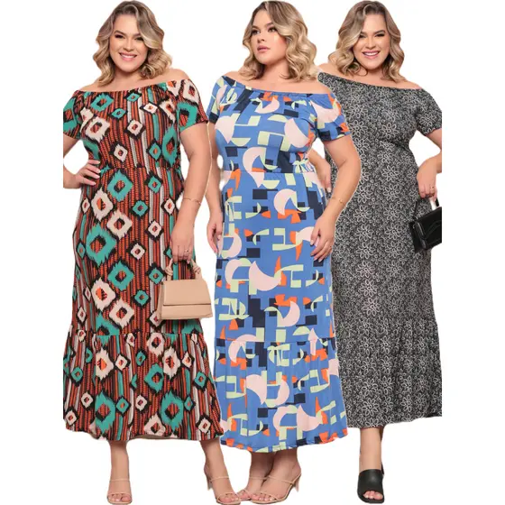 Kit 3 Vestido Longo Ciganinha Feminino Plus Size Soltinho estampas variadas