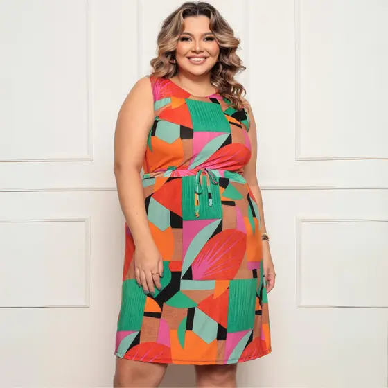 Vestido Plus Size Igreja Moda Modesta Estampado Soltinho Amarração na Cintura