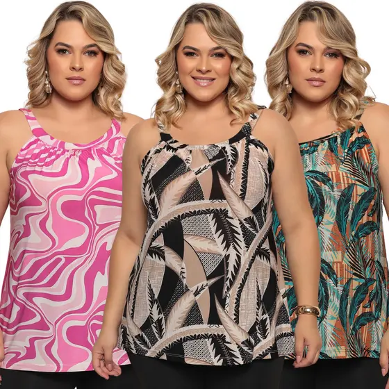 Kit 3 Blusa Plus Size Feminina Versátil Estampada Alcinha