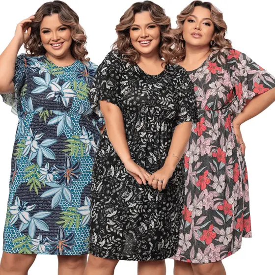 Kit 3 Vestido Plus Size Feminino Estampado Versátil Confortável