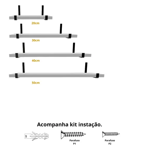 Kit 4 Prateleiras 20/30/40/50cm nicho Mdf Branco decoração quarto escritório com kit instalação