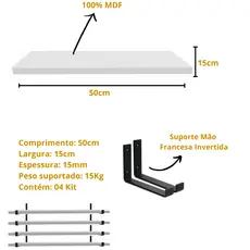 Kit 04 Mão Francesa Invertida + Prateleira MDF 100% com kit Instalação Sala Quarto Cozinha 50cm