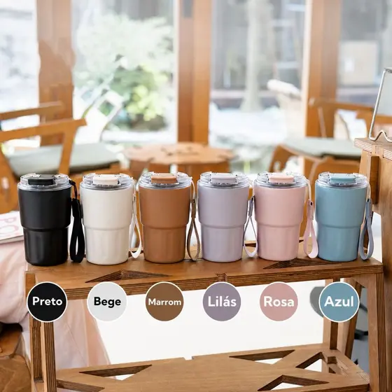 Copo Térmico Inox a Vácuo 320ml 400ml 600ml com Canudo e Alça Café Gelado Quente