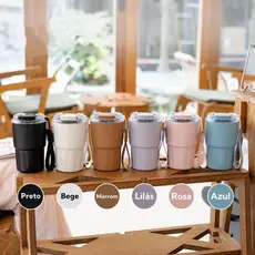 Copo Térmico Inox a Vácuo 320ml 400ml 600ml com Canudo e Alça Café Gelado Quente