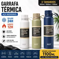 Garrafa Térmica Inox 650ml 850ml 1100ml Academia Água Gelada e Quente