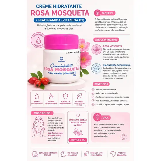 Creme Hidratante Rosa Mosqueta + Niacinamida B3 – Pele Mais Clara, Uniforme e Intensamente Hidratada | Nativa Brasil