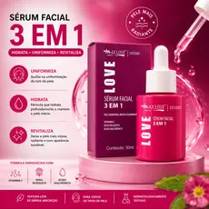 Sérum Facial 3 em 1 Max Love, Vitamina C, Rosa Mosqueta, Ácido Hialurônico, Hidratação, Luminosidade