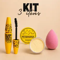 Pó Banana Fenzza, Máscara de Cílios Yalanni Extremo Volume, e Esponja gota, Kit Maquiagem 3 Itens