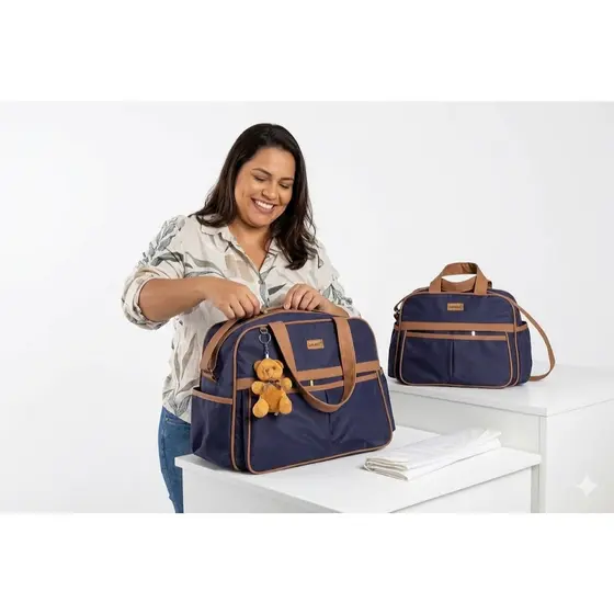 Kit Bolsa Maternidade Luxo 3 Peças Ursinho Bebê Cor Azul Marinho/caramelo