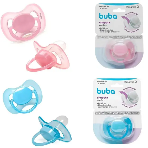 Kit 2 Chupetas Buba Tam 2 Silicone Comfort Simétrico Menina-Menino +6 Meses