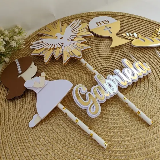 Topo de Bolo Luxo Batizado | 1ª Comunhão – Personalizado c/ Nome - Envio Rápido