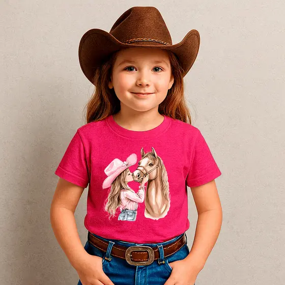 Camiseta Infantil Menina Estilo Country | Beijando o Cavalo | 100% Algodão