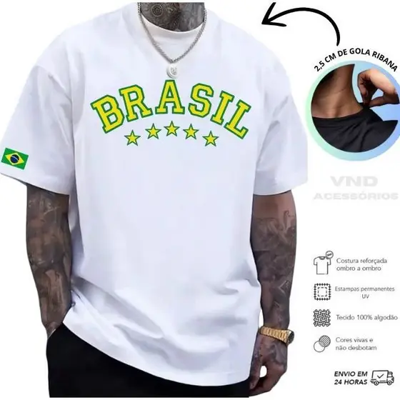 Camiseta Brasil Copa do Mundo Masculina 100% Algodão 30.1 Camisa Estampada Seleção Brasileira