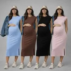 Vestido Midi Tubinho Gestante Muscle Tee Canelado/Ribana com Fenda para Gravida Regata Elegante